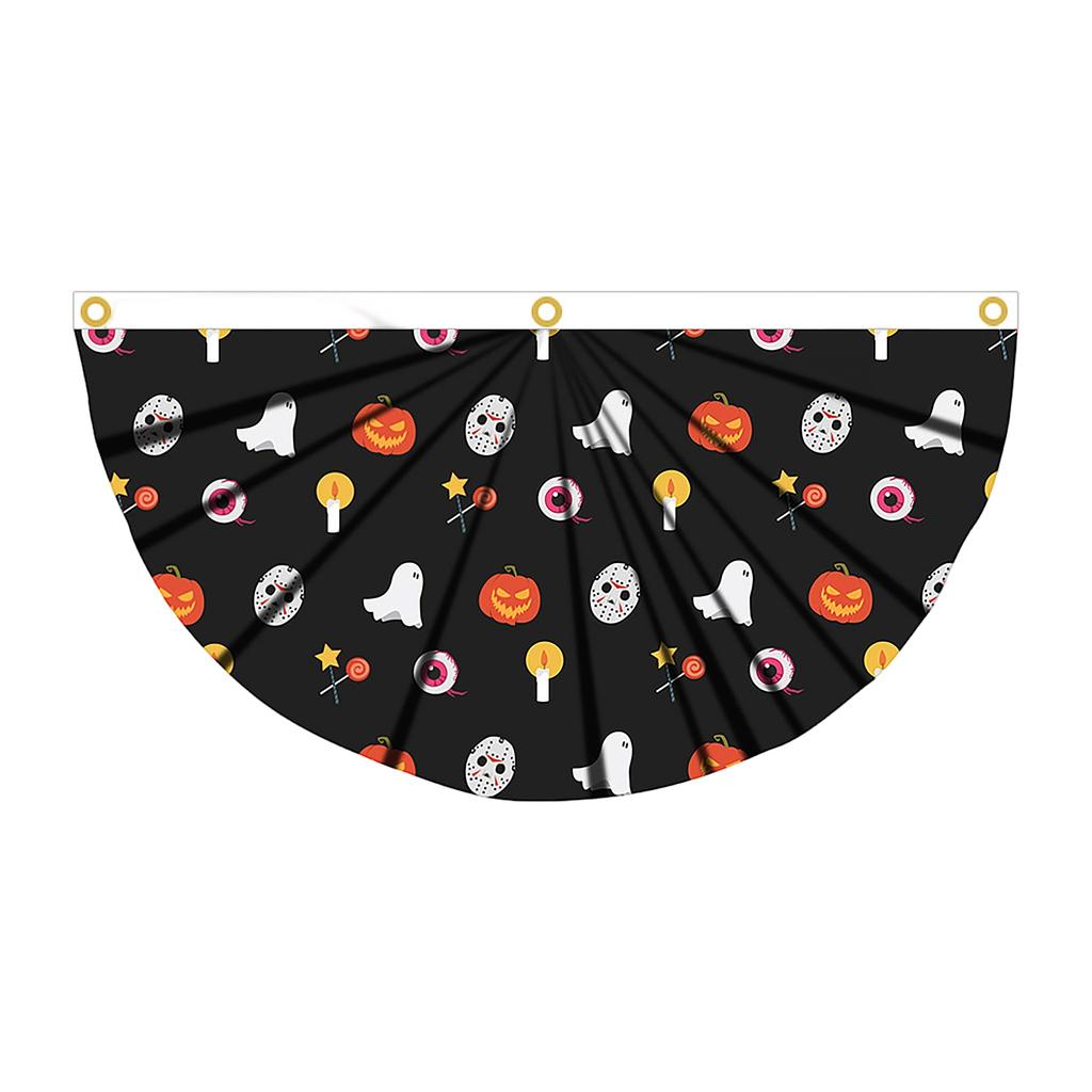 Halloween Theme Fan Shaped Banner 45x90cm Durable Polyester Fabric with Printed Patterns for Indoor Outdoor Decoration