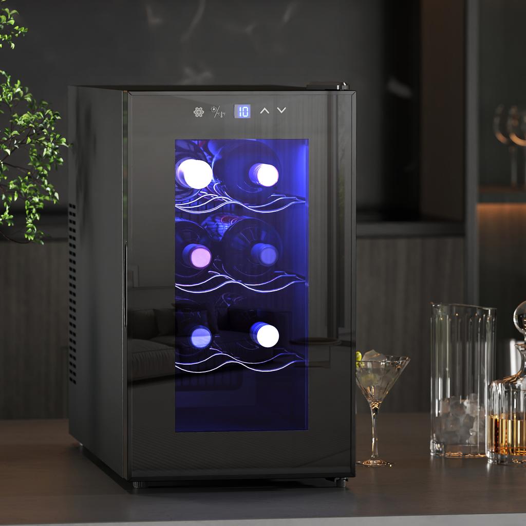 Mini Table Top Wine Fridge, 8 Bottle, 17L, 8-18 degrees C, 26.5cm Quiet Under Counter Wine Cooler Fridge with Glass Door, LED Light