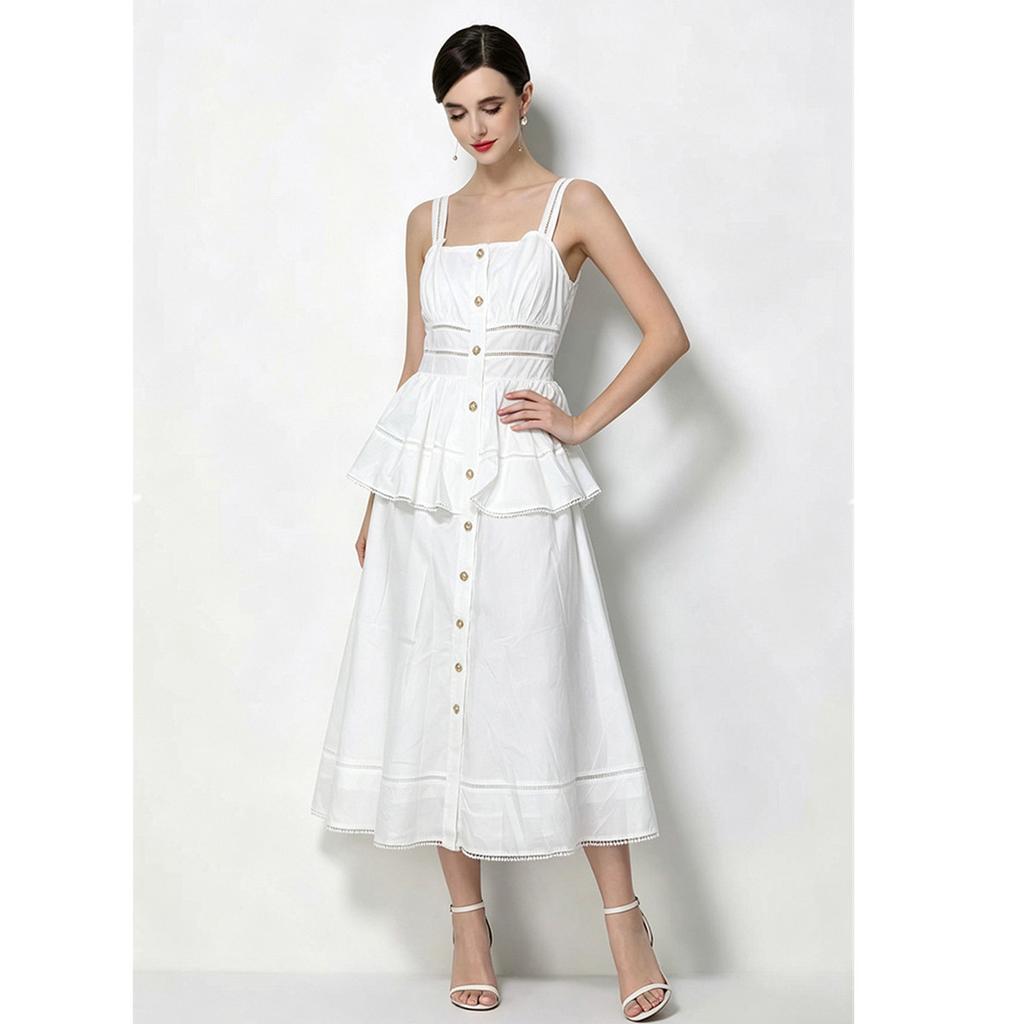Summer White Sleeveless Spaghetti Strap Dress Women Vintage Button Down Ruffle A-Line Midi Dress Elegant Casual Beach Dress