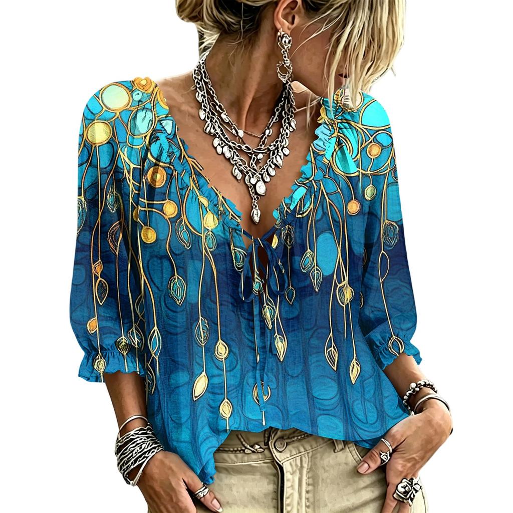 Women's Casual Printed V-Neck Ruffle Tie Blouse