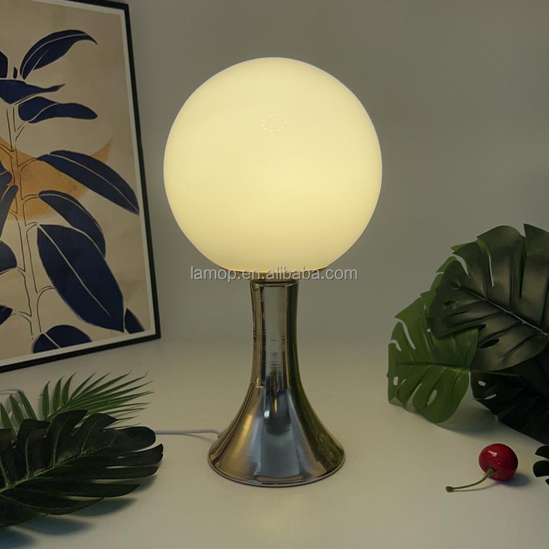 Round Ball Night Light with Golden Trumpet Base Table Lamp for Cream Style Apartment Bedroom Bedside and Tabletop