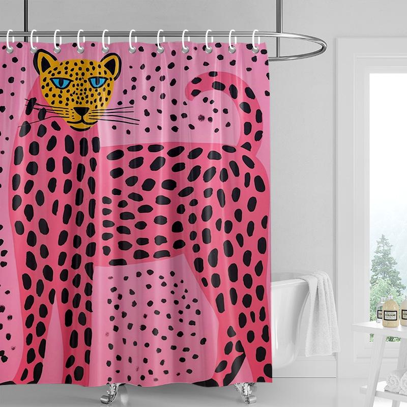 Pink Cat Shower Curtain, Black Spots & Multicolor Dots Design, Waterproof Bathroom Decor For Modern & Playful Homes