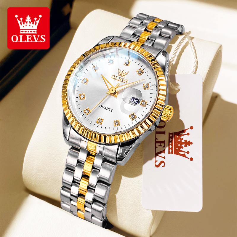 OLEVS 5526 Original Women Quartz Watch Diamond Luxury Dress Gold Wristwatch Stainless Steel Waterproof Luminous Calendar Watch
