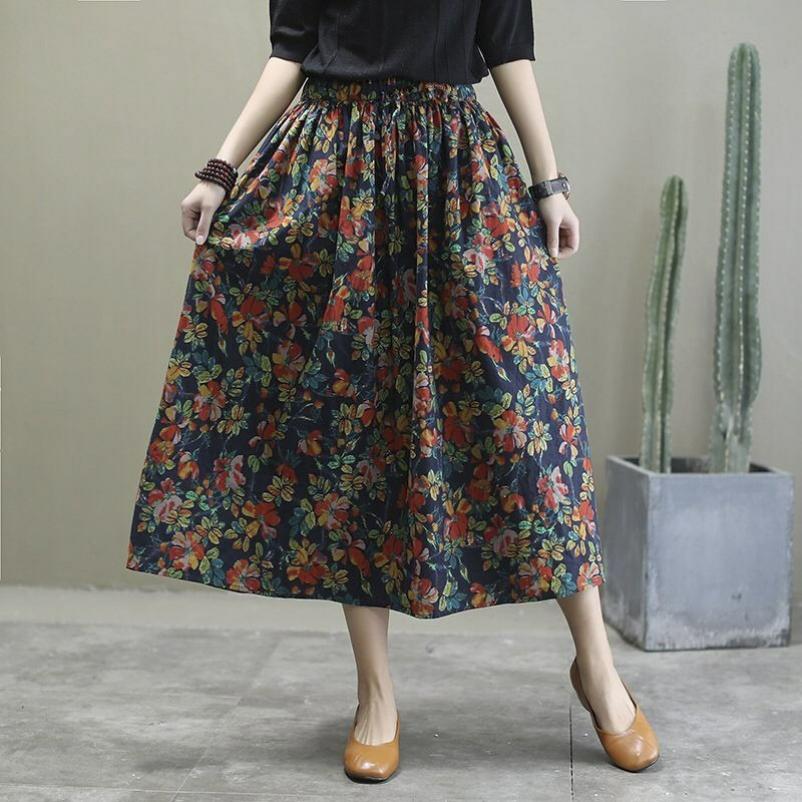 Falda Floral de Algodón y Lino Estilo Étnico de Verano para Mujer Talla Grande Vestido de Madre Falda Larga Coreana
