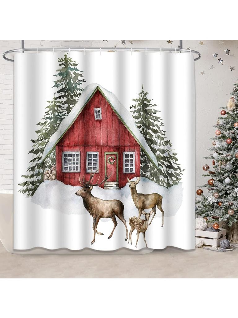 Christmas Shower Curtain, Red House and Deers in Forest Winter Waterproof Fabric Bathroom White Shower Curtain Set with