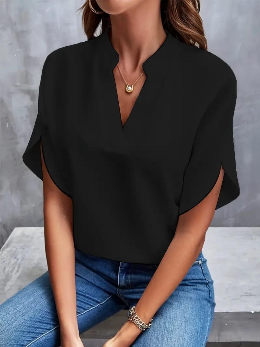 European and American Clothing 2026 Summer Casual Solid Color V-Neck Loose Shirt Top Women S чёрный