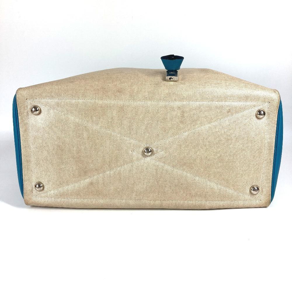 HERMES Victoria 43 Boston Bag Hand Bag Toile H / Leather Blue gene blue/Beige