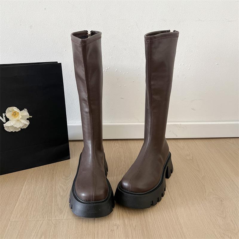 British casual brown retro heightening platform boots women's 2025 new summer thick heel thin high boots