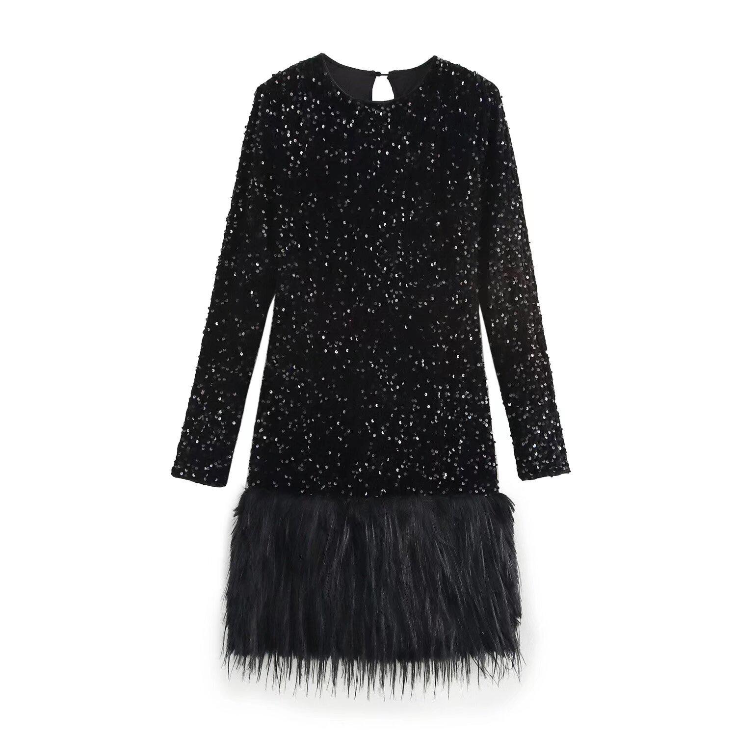 

Женское зимнее платье 2024: Европейский и американский стиль, простой круглый вырез, вставки из пушистых пайеток. Large чёрный
