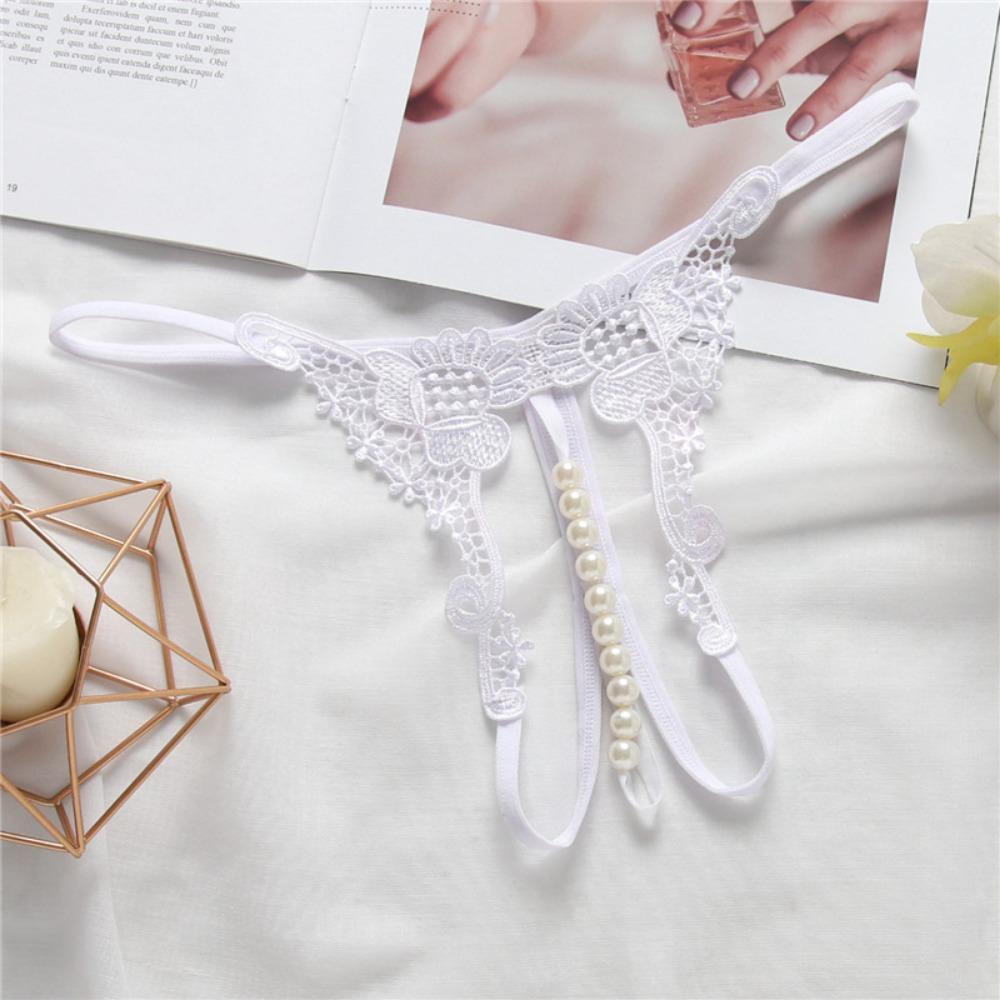 Stylish Transparent Embroidered Sexy Women's Panties Hollow Pearl Massage Open Crotch T Pants Low Waist Thong 2200