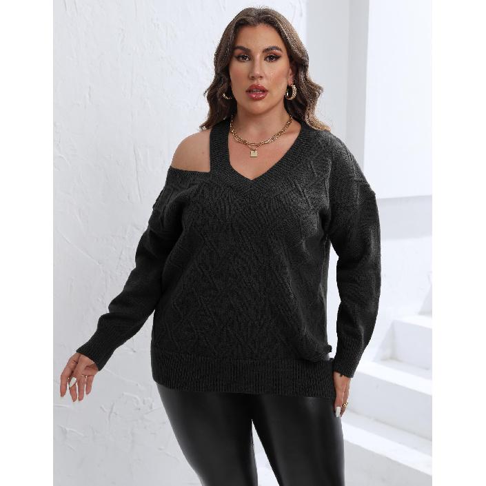 

Женские осенне-зимние пуловеры больших размеров, женская одежда, свитер с открытыми плечами, вязаный свитер с V-образным вырезом 1XL чёрный