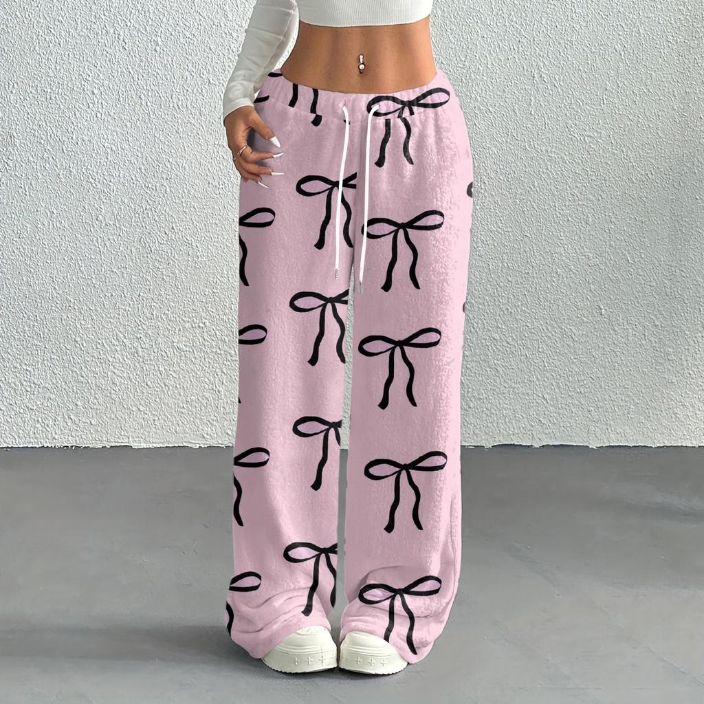 Women's Casual Fashion Printed Elastic Waist Loose Straight Leg Pants With Rope