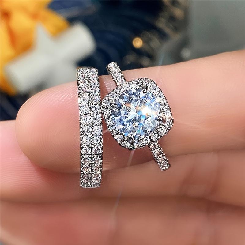 Elegant 2pcs Engagement Ring Set - Princess Cut Synthetic Cubic Zirconia, Alloy, Four-Prong, No Plating - Simple & Elegant Design for Daily & Wedding