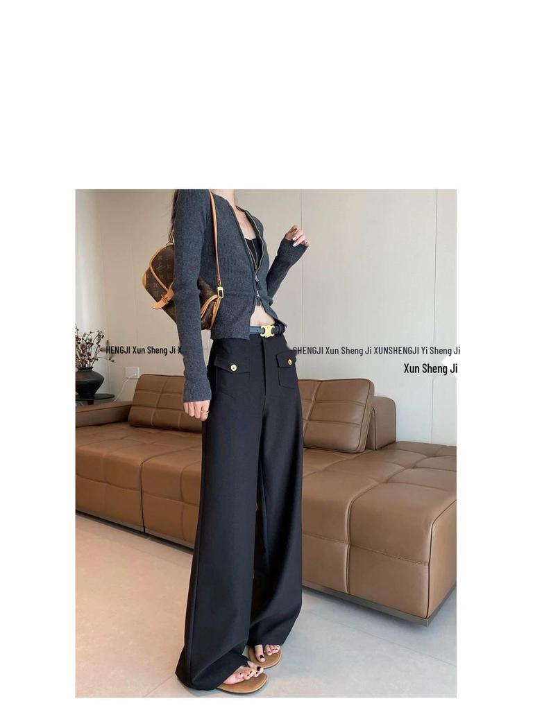 Women's High-Waisted Black Wide-Leg Pants - Spring/Autumn Drapey Suit Pants with a Relaxed Fit