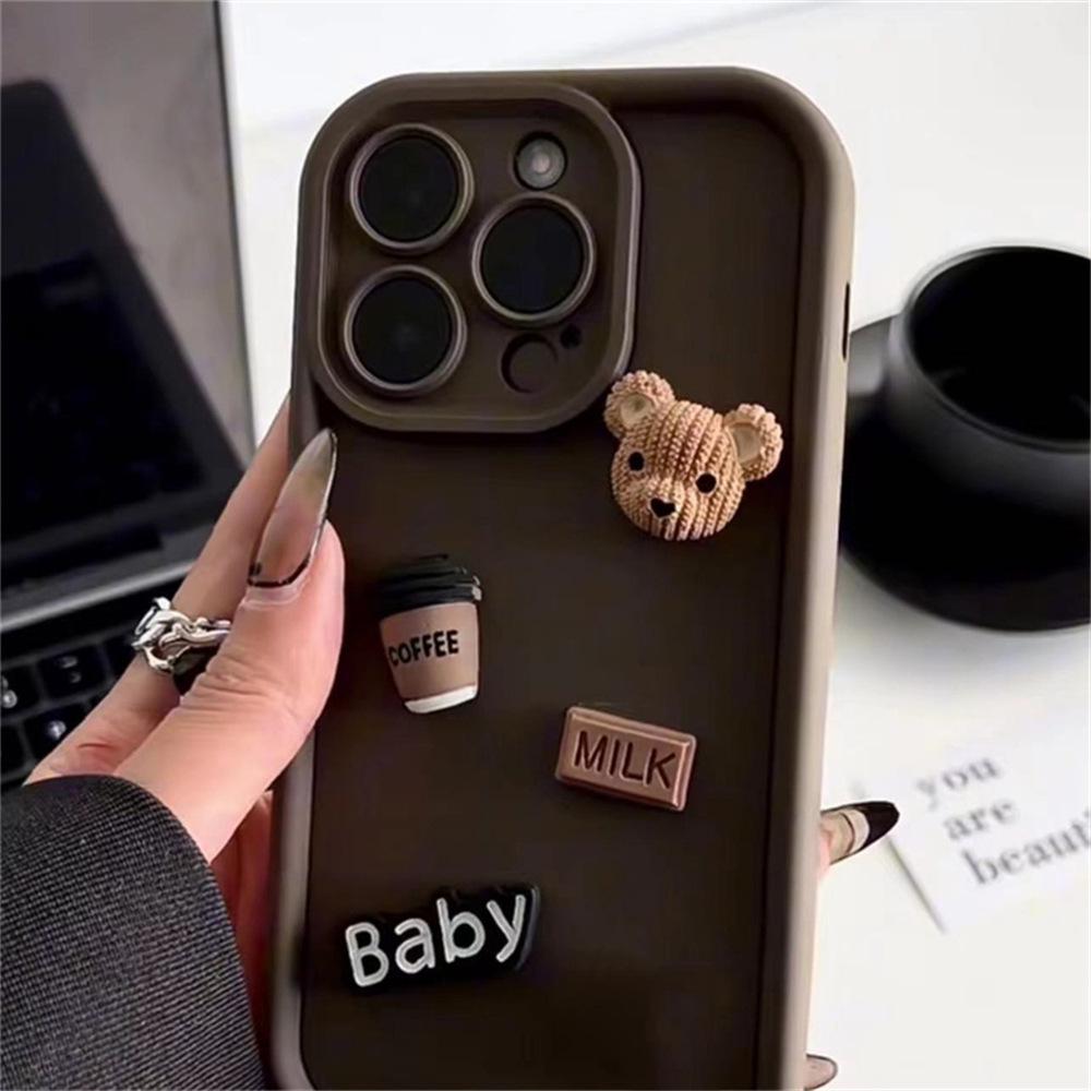 Women's 3D Coffee Bear iPhone Case - Compatible with iPhone 12/13 Pro Max/14, Soft Cartoon Shell