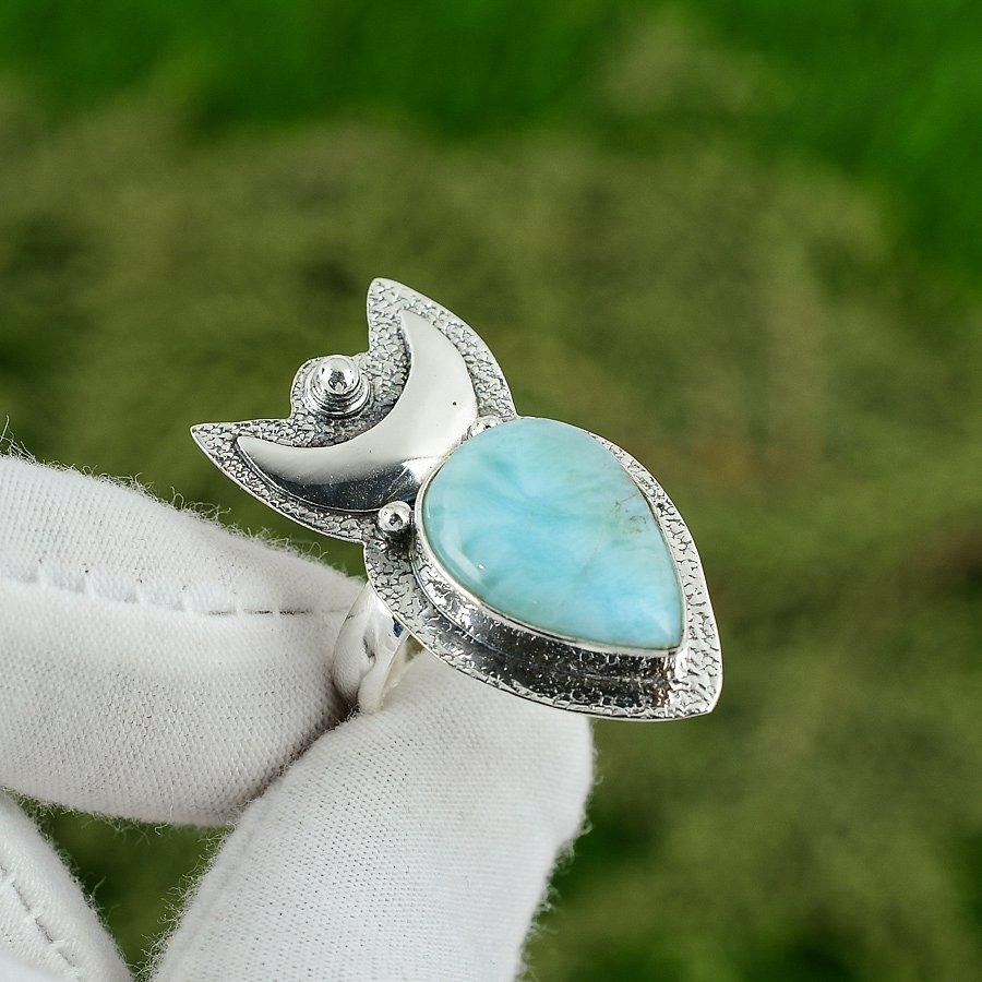 Throat Chakra Larimar Gemstone 925 Silver Promise Crescent Moon Statement Ring Adjustable