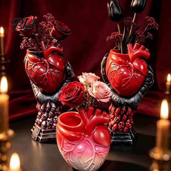 Devil Palm Flower Pot Hand Holding Human Heart Organ Vase, Gothic Anatomical Shaped Skull Base Ornament Spooky Halloween Desktop for Living