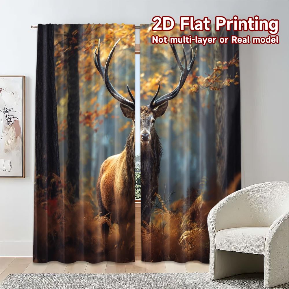 2pcs, 2D FLAT PRINTING Curtains (Without Rod) Majestic Stag Modern Pattern Curtains Yarn Curtains Gifts Ldeal for Bedroom &
