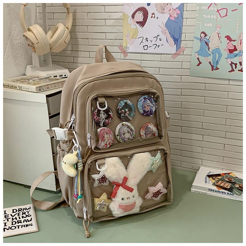 Cartoon Badge Transparent Smug Pain Bag for Female Students, Japanese-style Simple Large-capacity Backpack, Campus-style Schoolbag