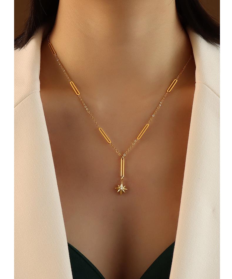 European Eight-Pointed Star Zircon Pendant Necklace, 18K Gold-Plated Titanium Steel with Tassel Lock Design for Women