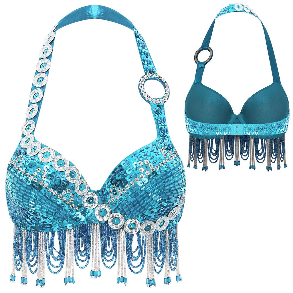 Women Belly Dance Halter Bra Top Sparkle Sequins Plastic Beads Tassel Rhinestone Dance Crop Top Performance Costume