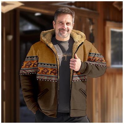 Jaquetas de Inverno Masculinas Vintage Design de Estampa de Bisão Jaqueta de Motocicleta Casacos Casuais de Manga Comprida Moletons Versáteis com Capuz