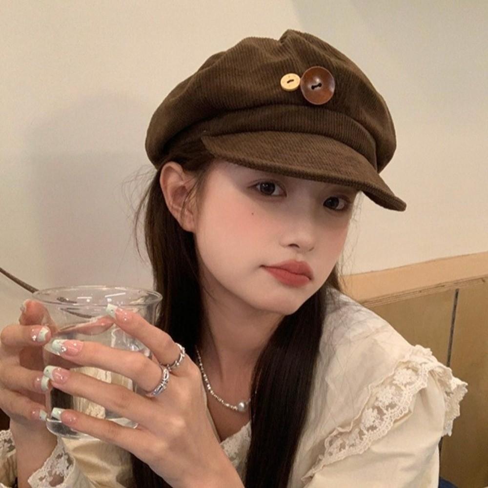 Japanese Double Button Berets Hat Y2k Octagonal Hat Retro Corduroy Baseball Cap  Girls