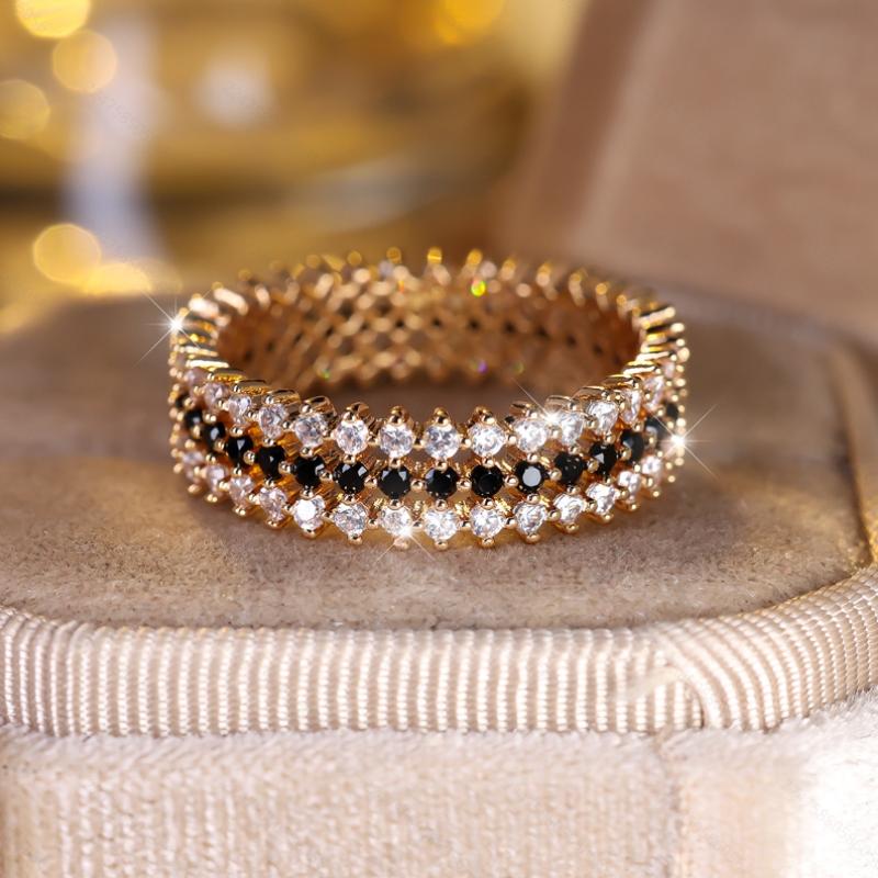 Luxury Black White Zircon Round Full Circle Simple Niche Versatile Women's Ring Fashion Zircon Engagement Wedding Party Gift