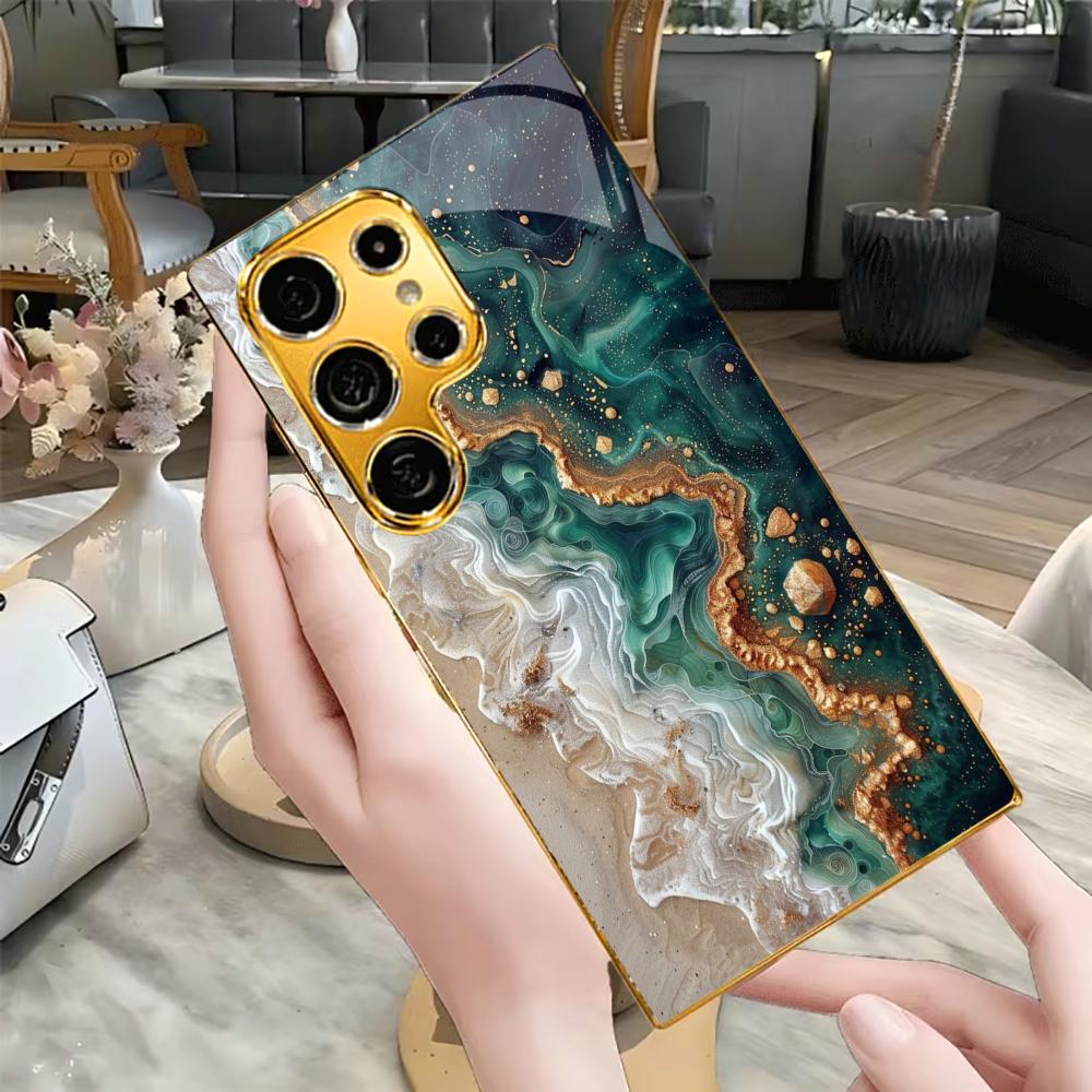Green Sand Flow Pattern Glass Phone Case for Samsung Galaxy S26 22 23 24 25 PLUS S21 22 23 24 25 ULTRA Back Cover