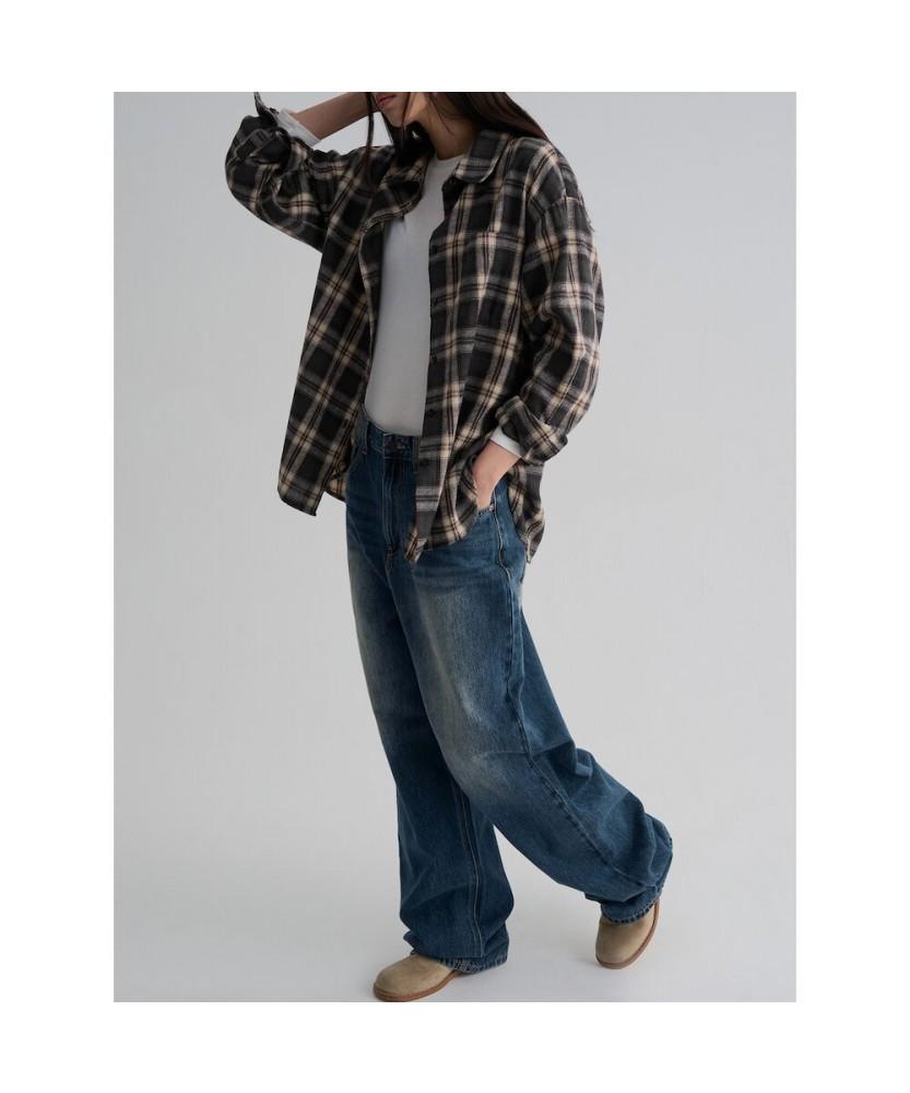 8SECONDS Navy Check Oversized Shirt Navy