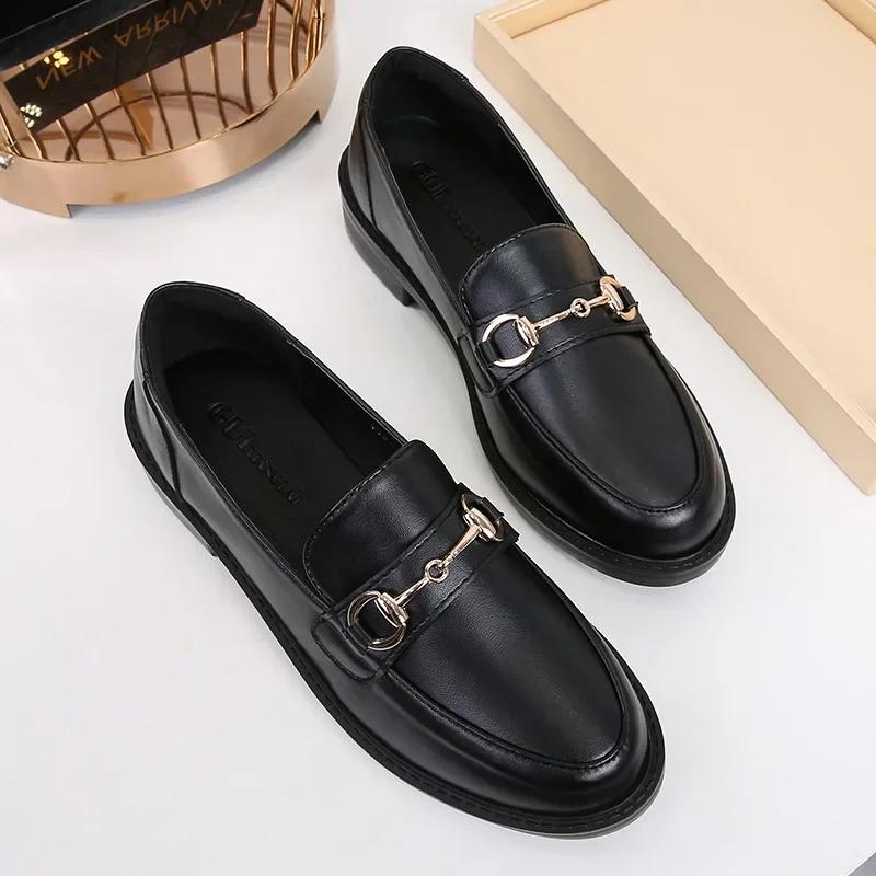 Fashion Women Loafers 2025 Spring British Style Women Leather Shoes Fashion Metal Buckle Thick Heel Shoes Retro Style Office Lady Shoes