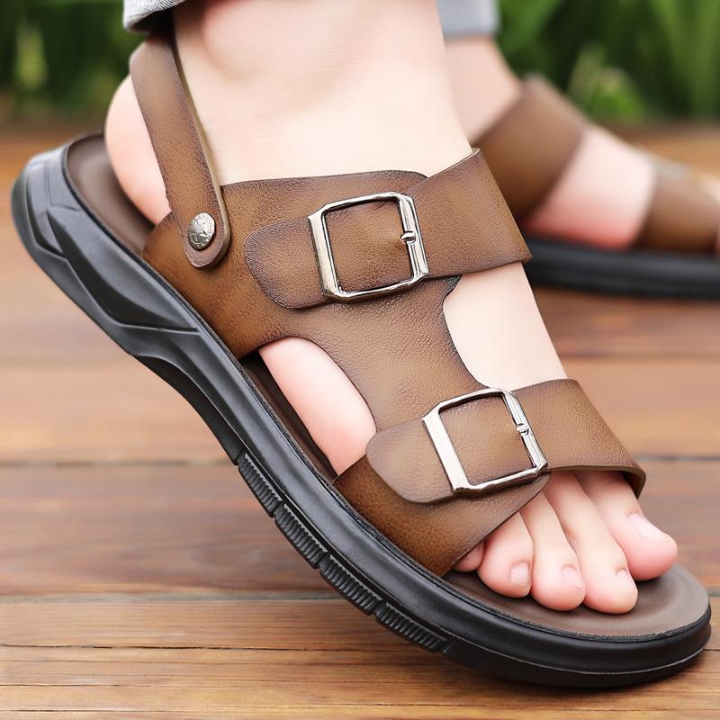 Casual Fashion Men Shoes Slip-On Leather Soft Non-slip Beach Summer Double Buckle Sandals Slippers Flats Flip Flop Walking Shoes