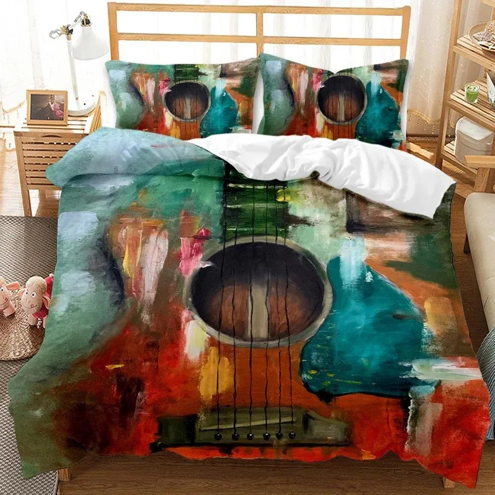 Top Guitar Duvet Cover Set Twin Rock Music Comforter Cover Set Hip Hop Hippie Quilt Cover Blue Guitar Polyester Bedding Set