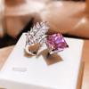 Silver New Fashion Raydean Ice Cut Ring Creative Feather Pink Diamond Opening Ring Party Birthday Jewelry Gift