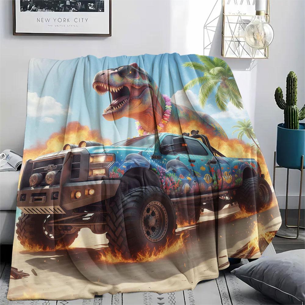 1Pc Cool Pickup Truck Print Flannel Blanket, High Quality Comfortable for All Seasons, Home Decor, Warmth and Comfort, Perfect for Christmas Gifts