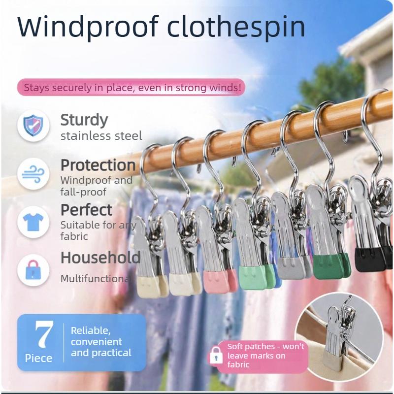 Multi Purpose Stainless Steel Clothes Pins with Hooks Windproof Drying Clips for Socks Hats