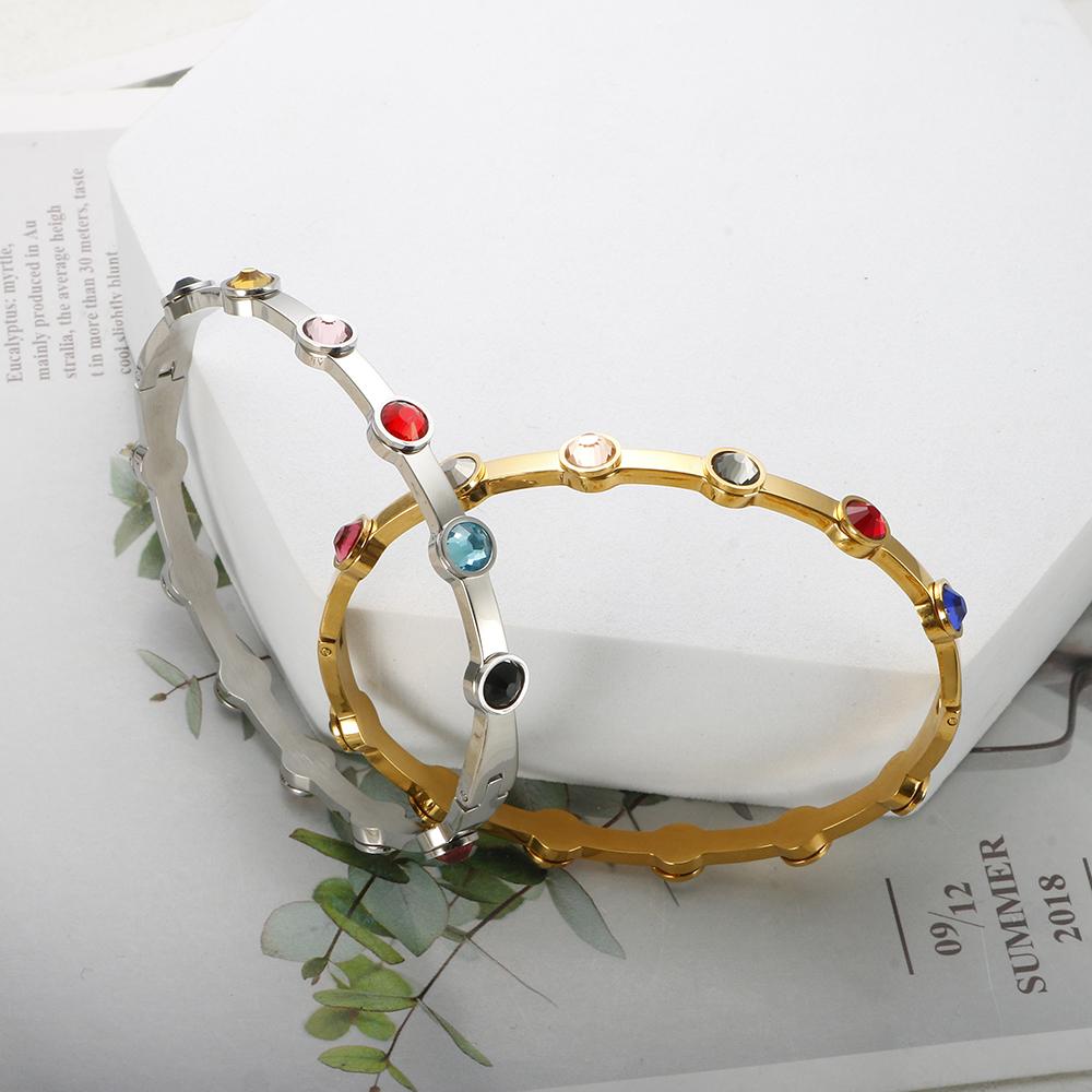 Rainbow Rhinestone Stainless Steel Bangle for Women New in Gold Plated Jewelry Luxury Gold Color Girlfriend Friend Gift