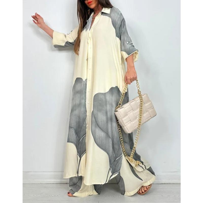 Set Elegante Primavera Estate Moda Stampata Camicia Lunga Pantaloni a Gamba Larga Completo Casual Lento Oversize Set Donna