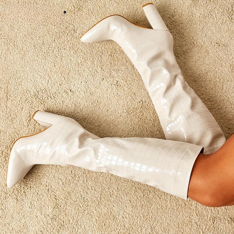 New Fashion Women's Boots Solid Color Snake Pattern Women Knee-High Boots Pointed Toe Winter Ladies Long Booties Handmade Shoes