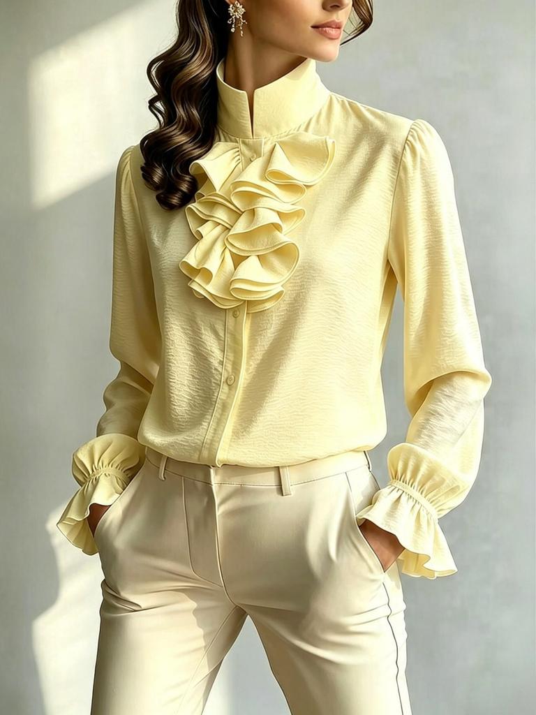 Dames 2025 Europese Stijl Ruches Opstaande Kraag Los Blouse