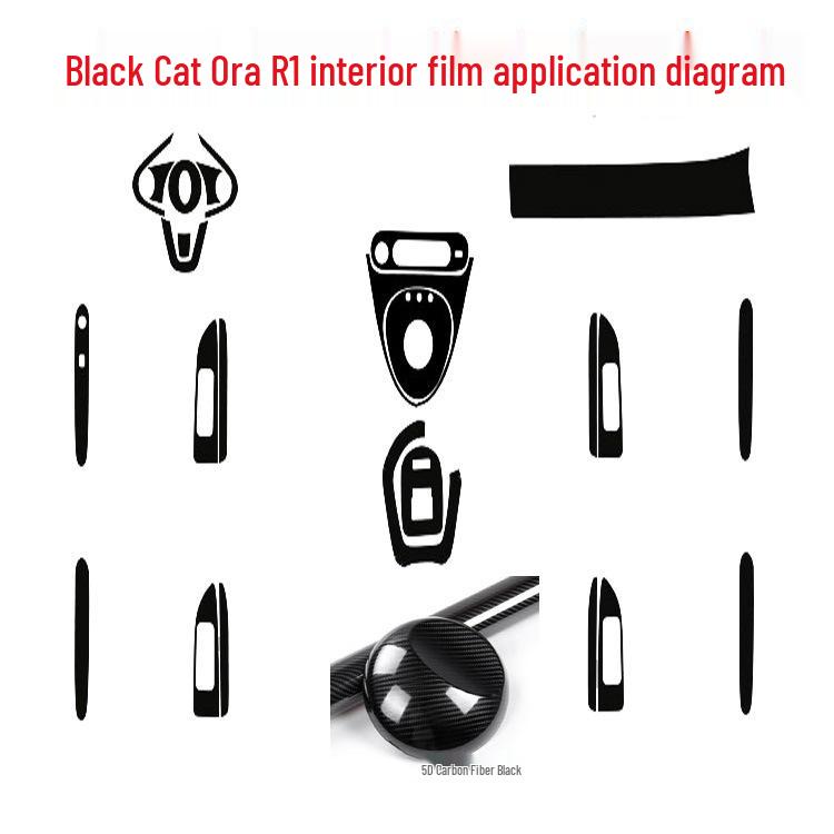 Carbon Fiber Interior Decor Stickers for Black Cat Ora R1: Central Control, Gear Position, and Door Panels