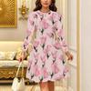 Women Long Sleeve Round Neck Midi Dress Vintage Checkered Small Floral Branch Print Flared Casual Dress