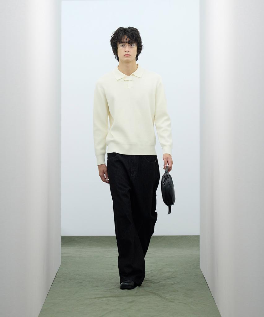 IRONYPORNO WHITELINE 86-Iroj367 Collar Placket Long Sleeve Knit Ivory