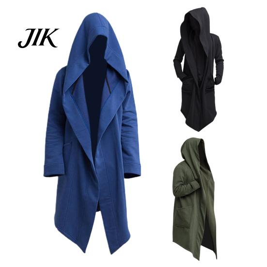 Long Coat Men Oversize Hooded Solid Color Jacket Cardigan Trench for Autumn
