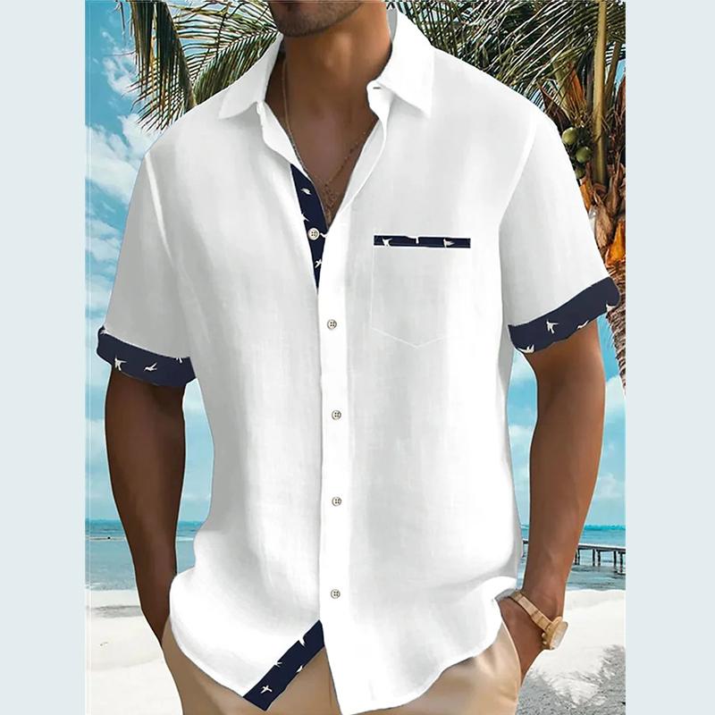 Summer New Men's Aloha Shirt Casual Fashion Street High Quality Short Sleeve Beach Holiday Party Men's Pocket Solid Shirt