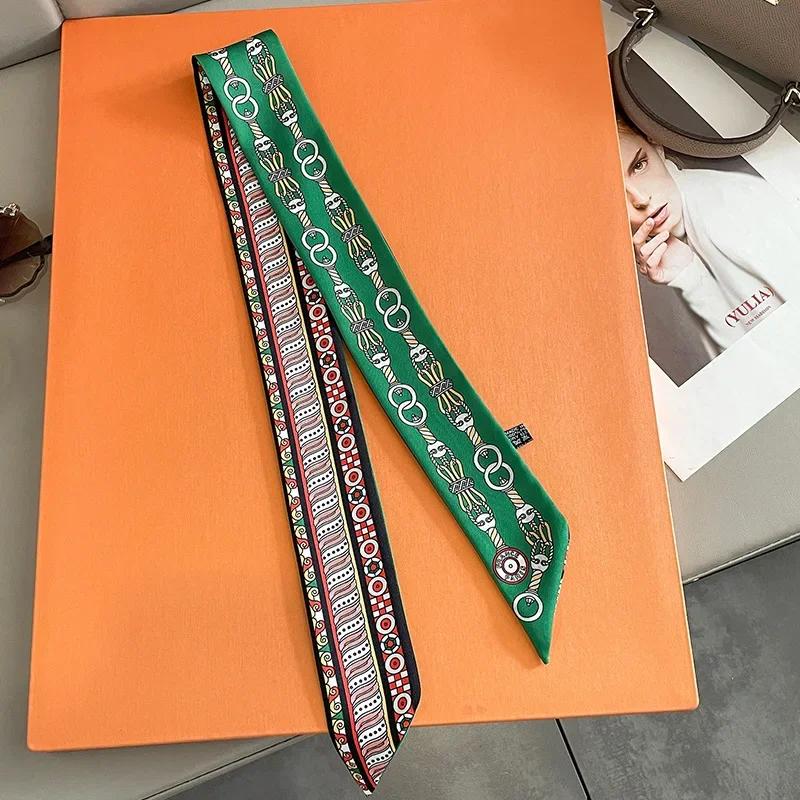 Silk Scarf Women Luxury Chain Print Bag Skinny Scarves Wraps Wrist Towel Foulards Neckerchief Headband Muslim Hijabs