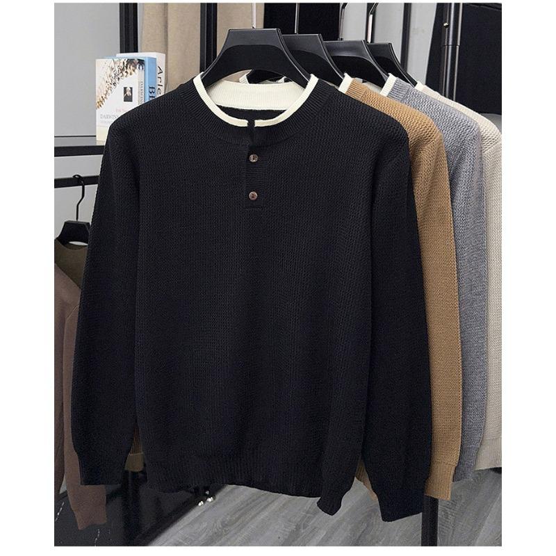 Men Fake Two Pieces Round Neck Long Sleeve Knitted Casual Pullover Sweater Top