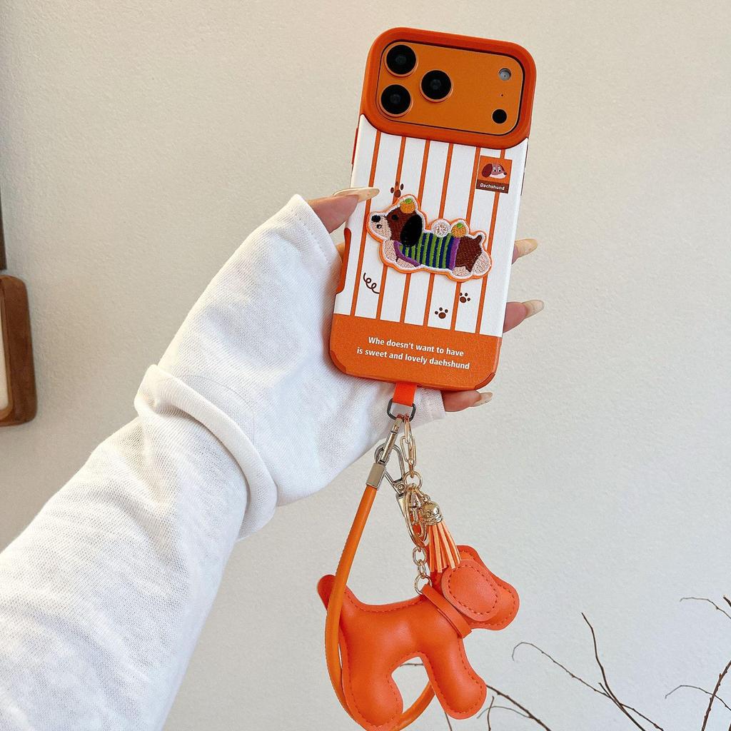 Orange Dachshund Embroidered Protective Case with Lanyard for iPhone 17 Pro Max