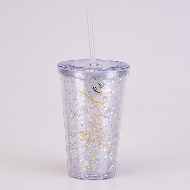 Gifts Wedding Water Cup 16Oz Double Layer Plastic Straw Cup Transparent Simple Sequin Plastic Cup Female