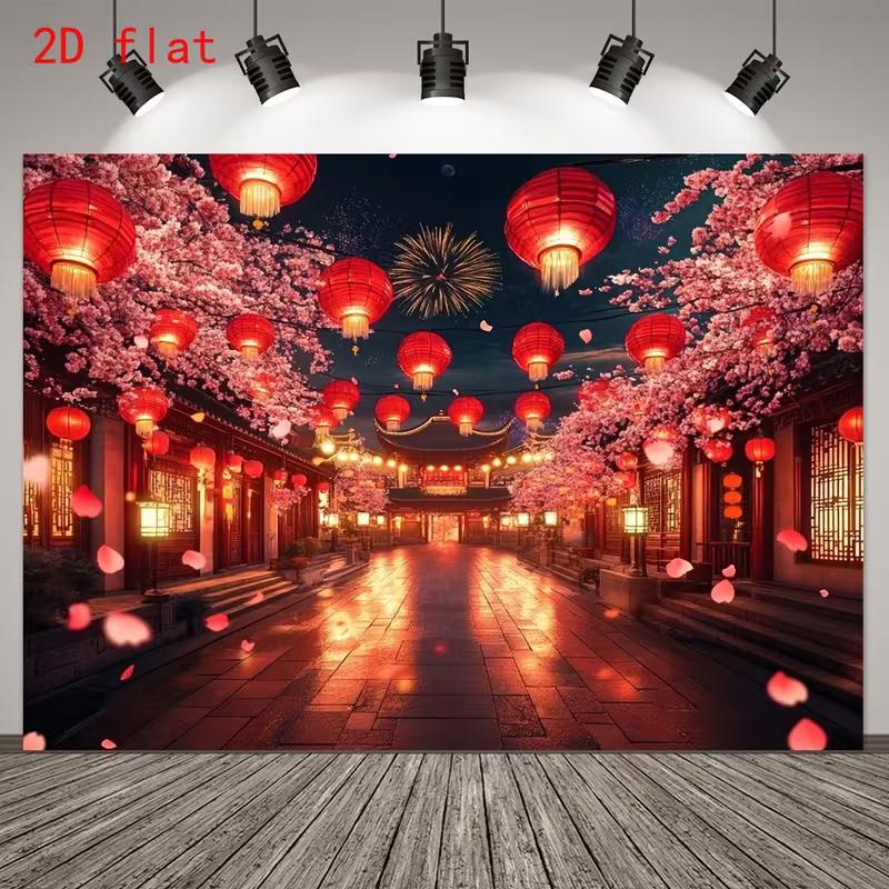 2D Lunar New Year Photography Backdrop with Traditional Architecture and Fireworks